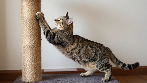 Cat stretching up to scratch a rope post