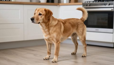 Chú chó đứng trong bếp