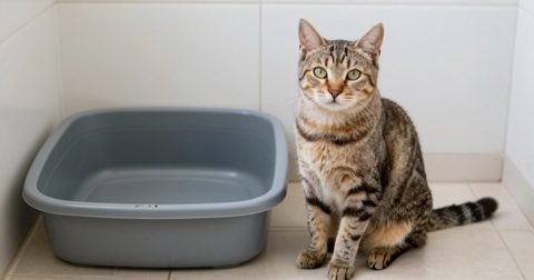Tabby cat sitting next to a litter box