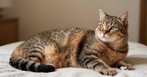 Pregnant cat resting on a blanket