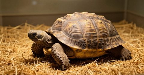 Rùa cạn nằm nghỉ trên rơm dưới đèn sưởi