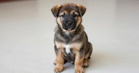 Healthy puppy sitting on a clean floor