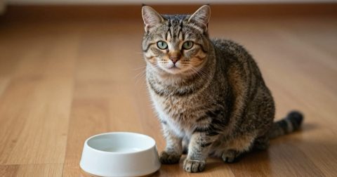 Mèo ngồi cạnh bát thức ăn