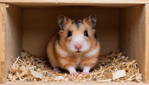 Hamster ngồi trong nhà gỗ lót giấy vụn