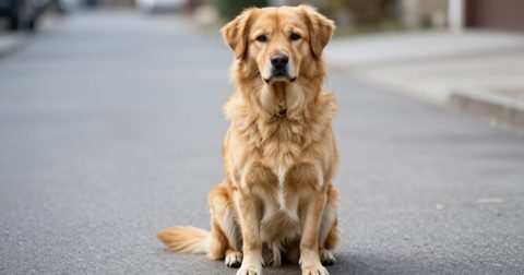 Adult dog sitting calmly on a quiet street