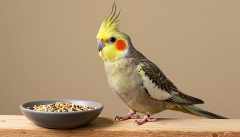 Cockatiel on a perch beside a dish of seeds