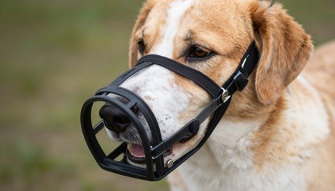 Dog wearing a basket muzzle