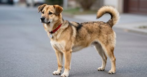 Dog with a collar and name tag standing on a street