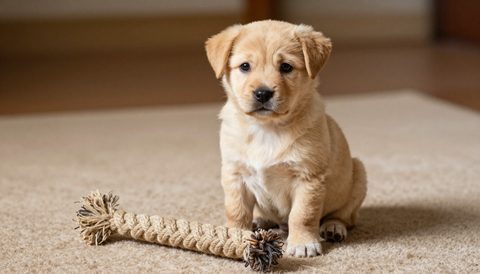 Puppy sitting next to a rope toy