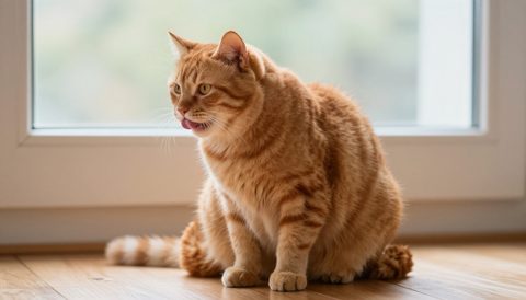 Mèo cam ngồi liếm mép