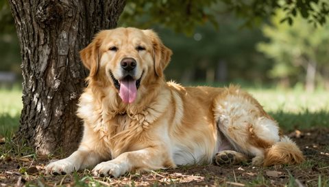 Chó golden nằm nghỉ dưới bóng cây ngày nắng