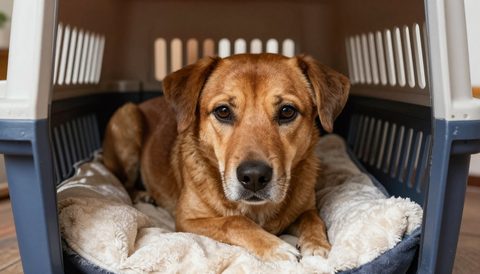 Dog lying in a blanket-covered safe den