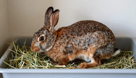 Rabbit eating hay from a rack above the tray