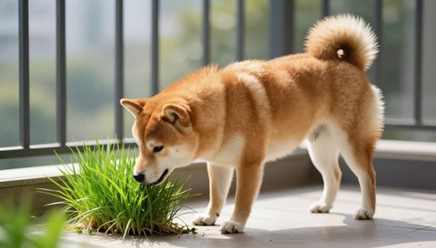 Dog sniffing a pot of fresh grass on a balcony