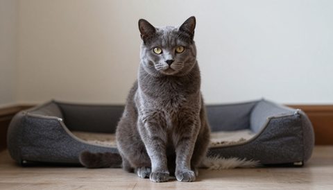 Gray cat sitting cautiously in a new room