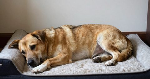 Adult female dog resting on a low cushioned bed