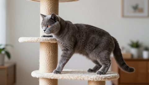 Gray cat climbing a cat tree