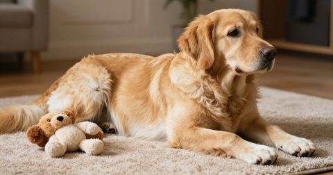 Gentle dog lying on a playroom rug