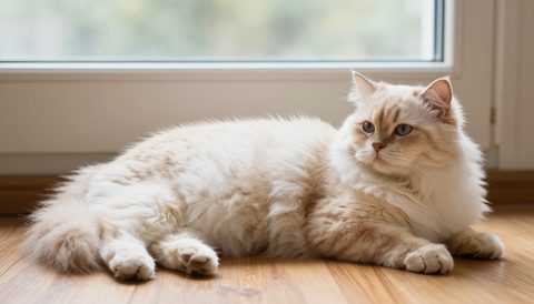 Mèo lông dài nằm trên sàn gỗ