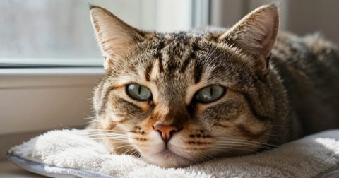 Mèo mướp mắt hơi chảy nước nằm nghỉ