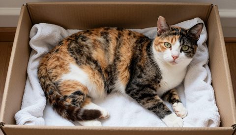 Cat lying in a towel-lined nesting box