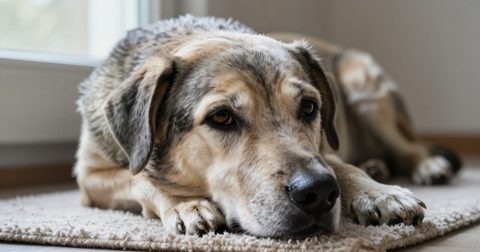 Grey-muzzled senior dog resting by a window