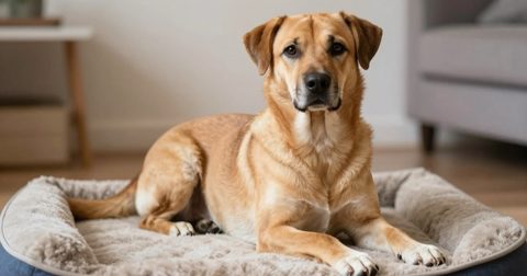 Adult rescue dog sitting on a bed indoors