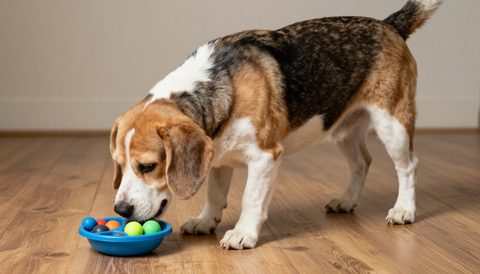 Older dog sniffing a food puzzle toy