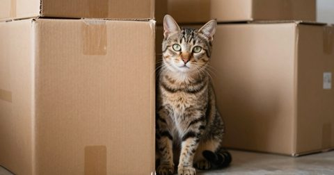 Cat peeking out from behind moving boxes