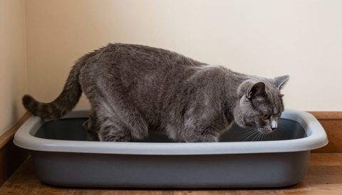 Grey cat stepping into a low-sided litter box