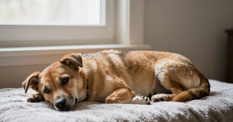 Young mixed-breed dog resting on a blanket indoors