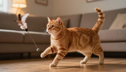 Orange cat pouncing on a feather toy in the evening