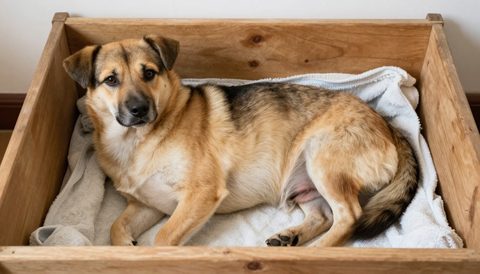 Pregnant dog resting in a towel-lined whelping box