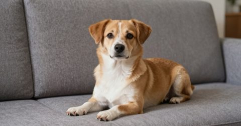 Chú chó nhỏ ngồi trên ghế sofa