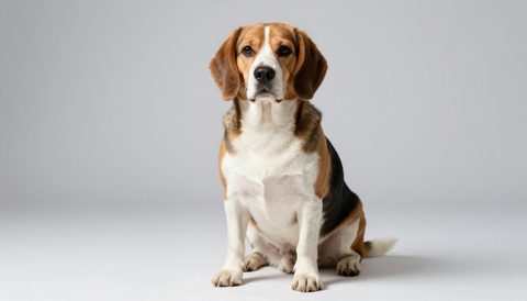 Beagle sitting on a white floor