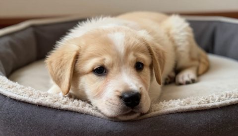 Puppy resting in a clean dog bed