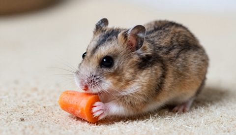 Hamster lùn đang gặm miếng cà rốt