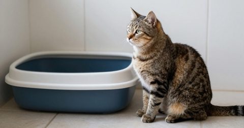 Tabby cat sitting beside a clean litter box
