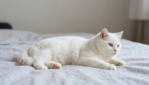 Mèo trắng nằm trên chăn vừa giặt sạch