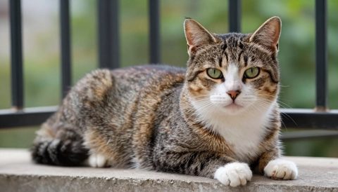Cat on a balcony with safety netting