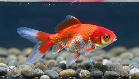 Cá vàng ranchu bơi trên nền sỏi tròn