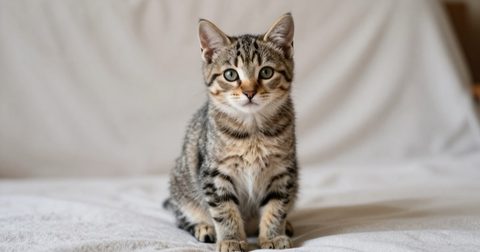 Mèo con khoẻ mạnh ngồi trên chăn sạch