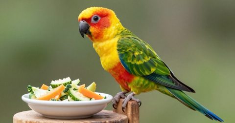Vẹt sun conure cạnh bát rau củ cắt nhỏ