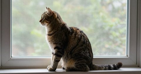 Cat on a screened windowsill looking outside