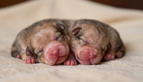 Newborn puppy sleeping on a soft towel