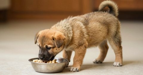 Puppy eating soft food from a shallow bowl