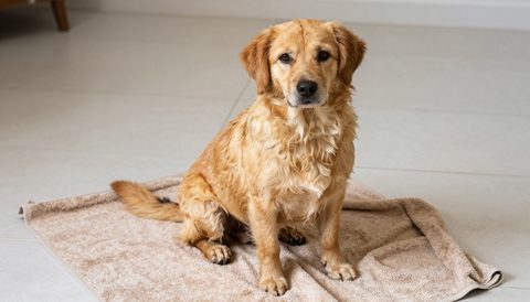 Dog sitting on a dry towel after a bath
