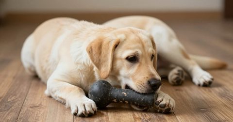 Dog chewing a large rubber chew toy