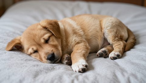 Puppy sleeping on its own bed