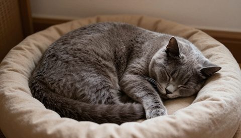 Mèo xám cuộn tròn ngủ trong ổ ấm